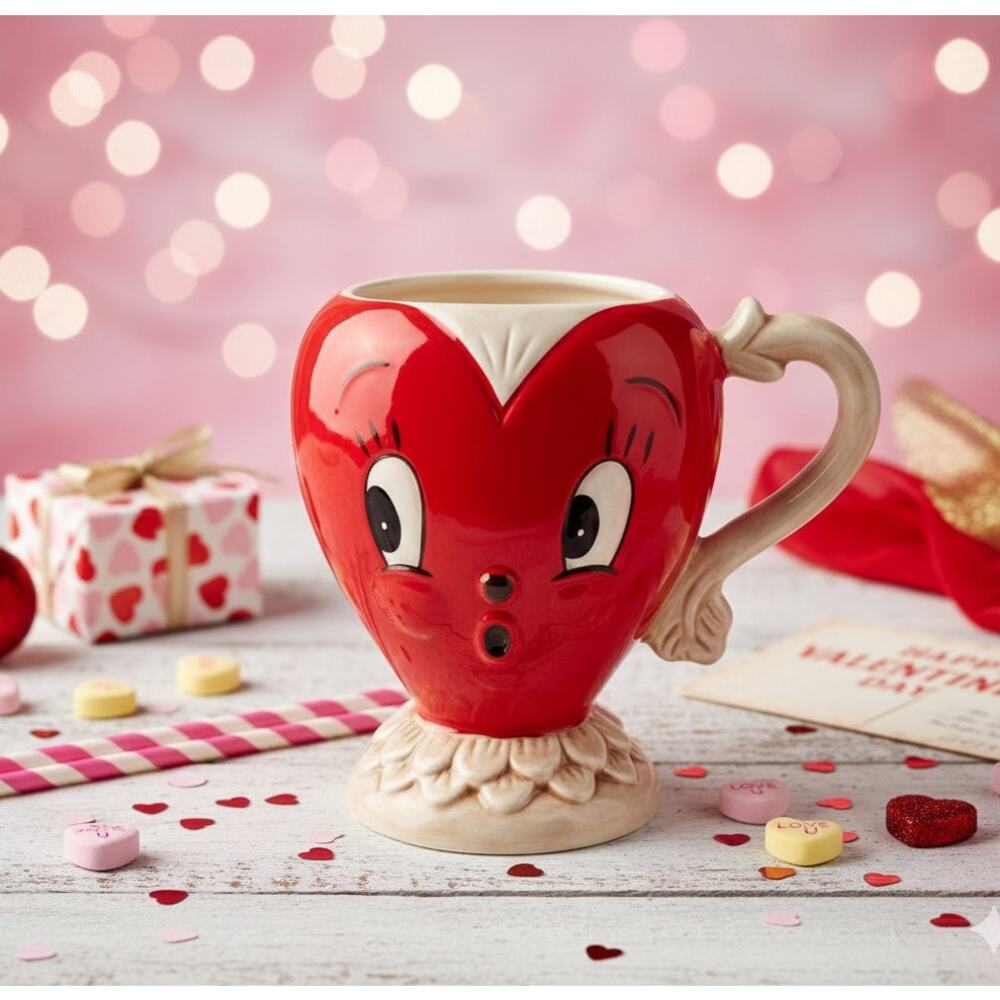 Johanna Parker Valentine Heart Mug Anthropomorphic Ceramic Coffee Cup Red Pink